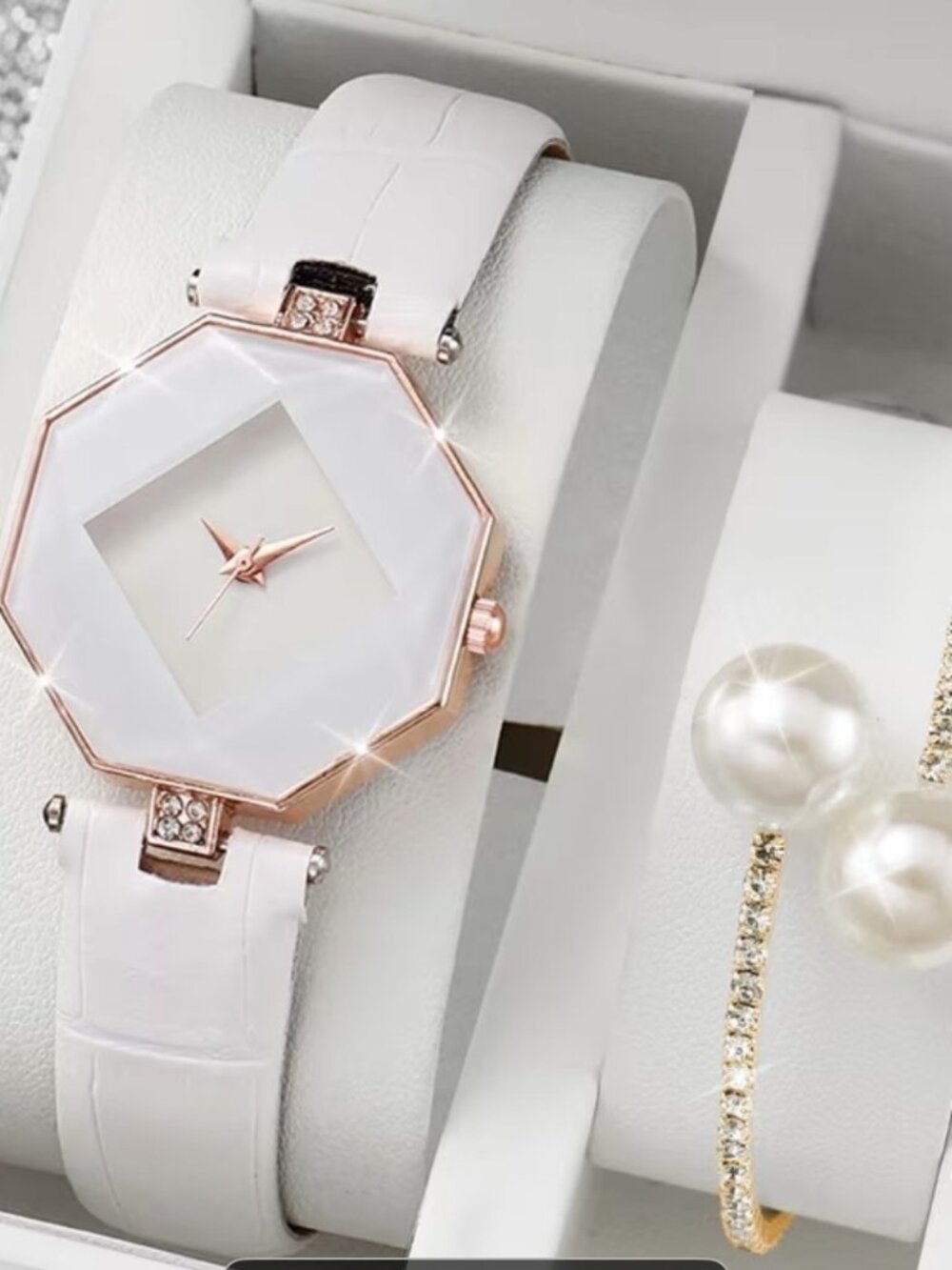 2 pcs/Set White Watch and Bracelet for Women
